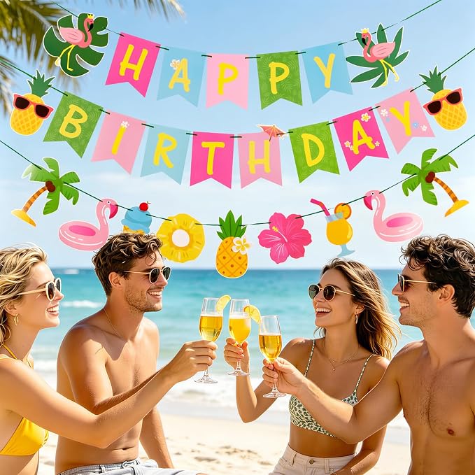 SUNBEAUTY Hawaiian Happy Birthday Banner Tropical Luau Party Birthday Flamingo - Image 5