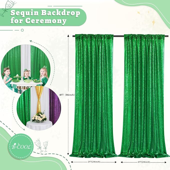Green Sequin Backdrop Curtains Party Photo Glitter Drapes 2 Pcs 2FTx8FT | - Image 2