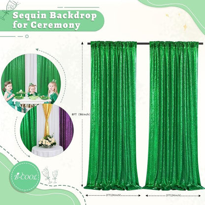 Green Sequin Backdrop Curtains Party Photo Glitter Drapes 2 Pcs 2FTx8FT | - Image 2