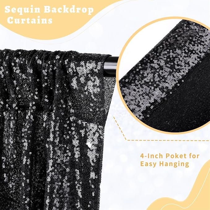 Black Sequin Curtains Backdrop 6 Pcs 2FTx8FT Shiny Curtains Drapes | Glitter - Image 2
