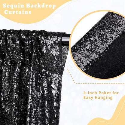 Black Sequin Curtains Backdrop 6 Pcs 2FTx8FT Shiny Curtains Drapes | Glitter - Image 2