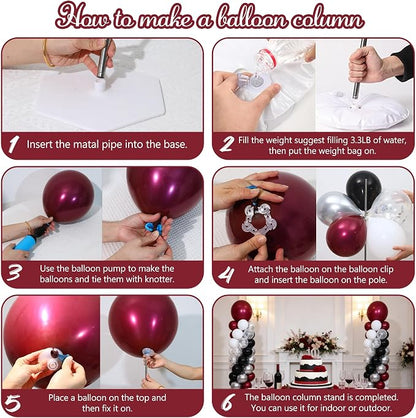 Burgundy Silver Black Balloon Column Stand Kit of 2 | 102Pcs Maroon Balloons - Image 5