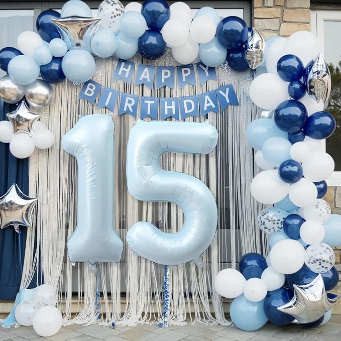 15th Birthday Balloons for Boys, Pastel Sky Blue Large Helium Mylar 15 Balloon - Image 5