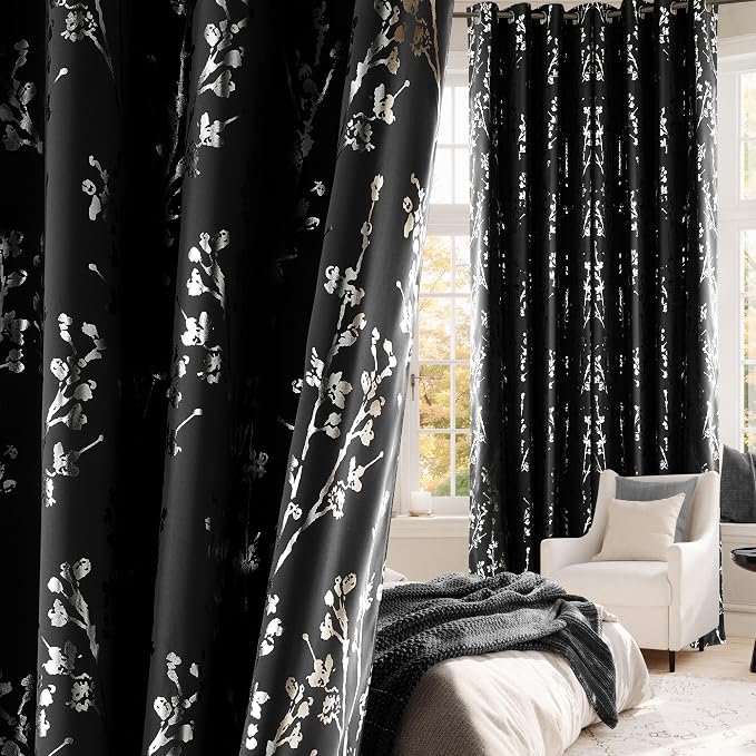 NICETOWN 100% Black Out Curtains 63 inch Long 2 Panels, Grommet Branch Pattern by NICETOWN