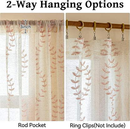 2 Panels Linen Leaf String Floral Embroidered Semi Sheer Curtain Farmhouse - Image 5