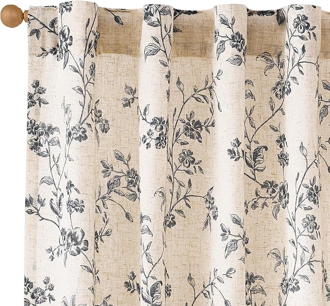 Black Vintage Floral Linen Curtains Farmhouse 38W X 90L 2 Panels | Elisa Series by Lazzzy