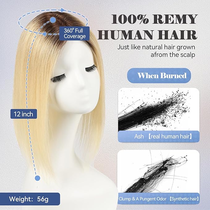 HAIRCUBE Hair Toppers 100% Real Human Hair,Ombre Light Blonde, 5.5"*5"MONO Large Base, 56g Hand-moven Real Human HairToppers for Women with ThinningHair