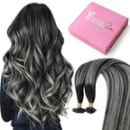YoungSee K Tip Hair Extensions Real Human Hair Ombre K Tip Extensions Natural Black Roots to Silver Grey Balayage Keratin Tip Hair Extensions Human Hair Pre Bonded 50g 20inch 50s