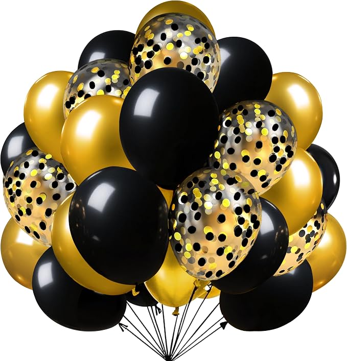 Firomi Metallic Chrome Gold Black Balloons 12 Inch 70 pack | Latex Black and by Firomi