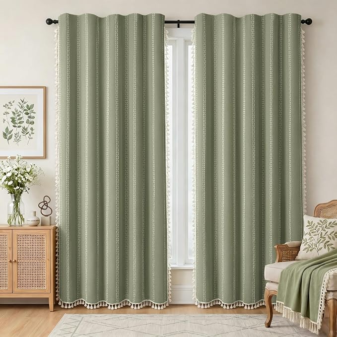 Green 100% Boho Blackout Curtains 84 Inch 2 Panels - Image 2