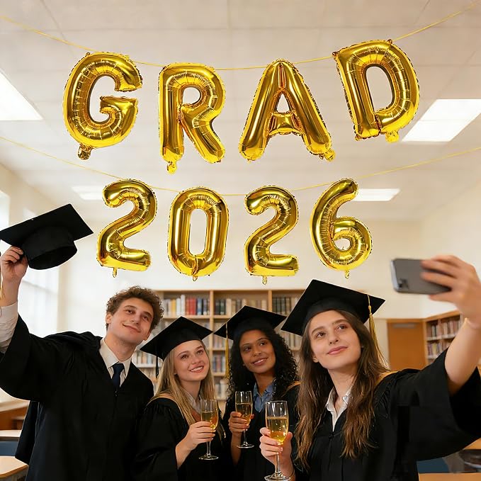 Gold GRAD 2026 Banner Balloons, 16 Inch Mylar Foil letter Graduation Balloons - Image 3
