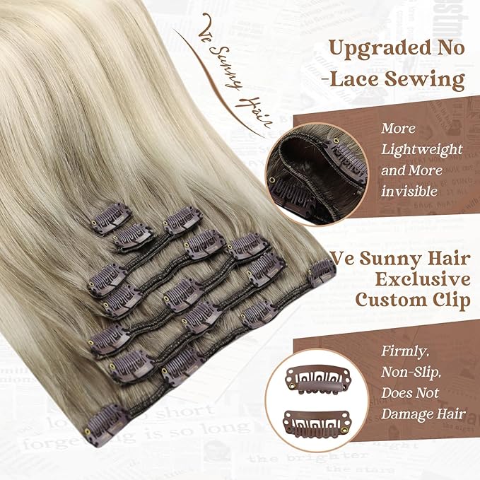 Ve Sunny Clip in Hair Extensions Balayage Remy Human Hair Clip in Extensions Full Head Ash Grey Ombre Platinum Blonde Straight Real Hair Extensions for Women 7pcs 120g 16 inch