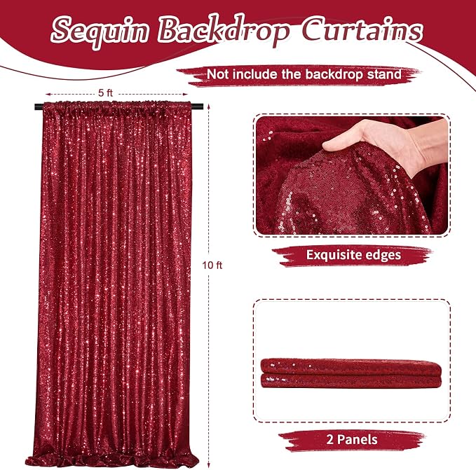 Burgundy Sequin Backdrop 2 Pcs 5FTx10FT Glitter Backdrop Curtains Birthday - Image 3