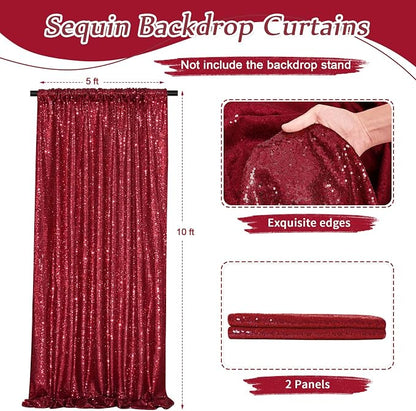 Burgundy Sequin Backdrop 2 Pcs 5FTx10FT Glitter Backdrop Curtains Birthday - Image 3