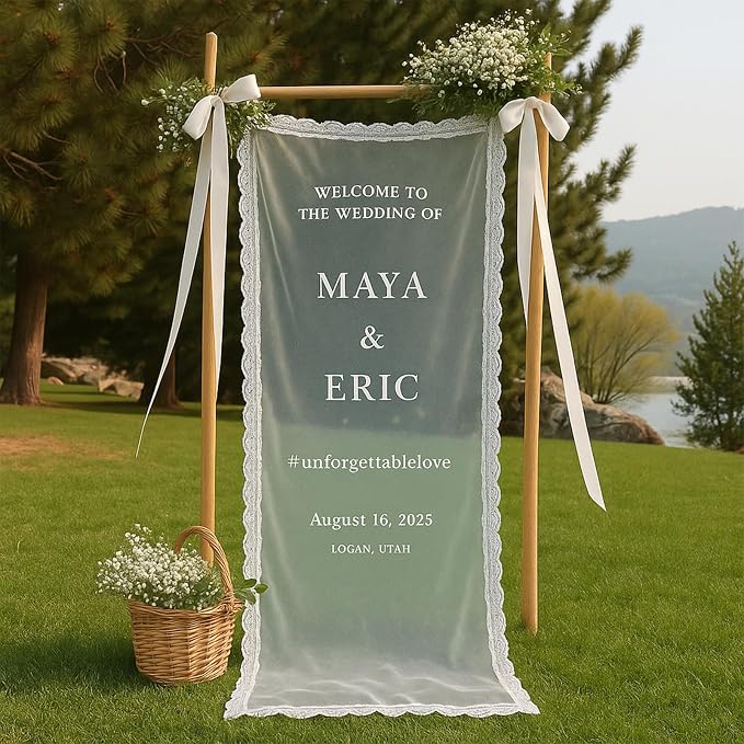 Personalized Wedding Welcome Fabric Sign Sheer Lace Banner | Handmade Custom - Image 3