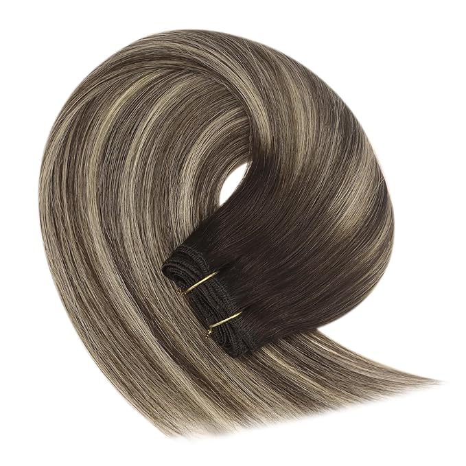 YoungSee Sew in Hair Extensions Real Human Hair Balayage Weft Hair Extensions Human Hair Chocolate Brown with Ash Blonde Balayage Sew in Extensions Long Straight Hair 24Inch 100G