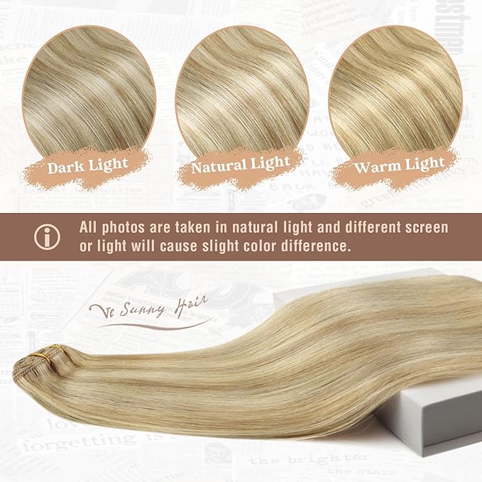 Ve Sunny Human Hair Clip in Extensions Dark Blonde Highlights Golden Blonde Remy Hair Extensions for Women Clip on Hair Extensions Human Hair Short 5pcs 80g 12 inch