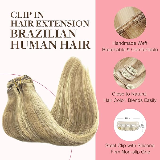 GOO GOO Clip in Hair Extensions Real Human Hair, Remy Human Hair Extensions Clip ins for Women, Natural Human Hair, 18inch 180g 7Pcs, #16/22 Light Blonde Highlighted Golden Blonde