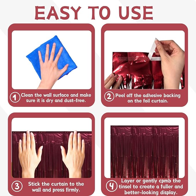 Matte Burgundy Foil Fringe Tinsel Backdrop, 4 Pack, 3.3 x 6.6 Ft | Matte Maroon - Image 6