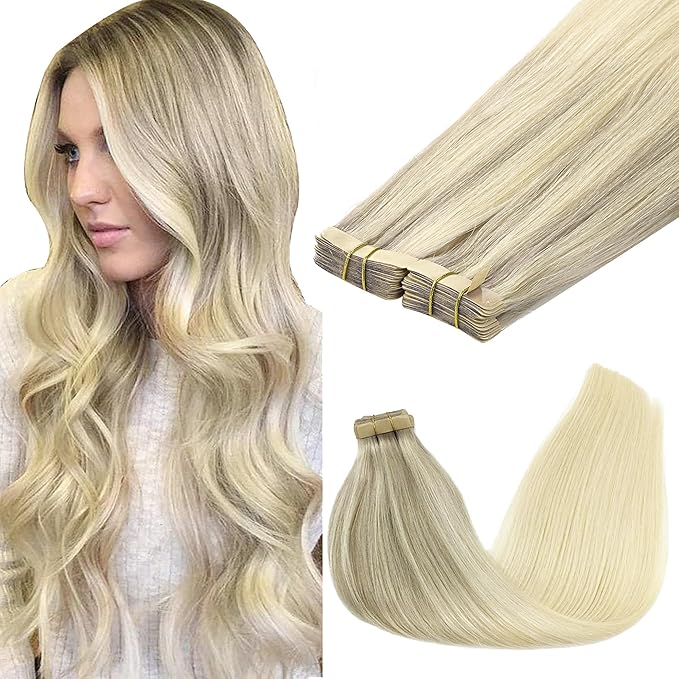 GOO GOO Tape in Hair Extensions Human Hair, 17/22/60 Ash Blonde to Golden Blonde and Platinum Blonde, 26inch 120g 40pcs, Skin Weft Seamless Invisible, Silky Straight with Thick Ends, Remy Human Hair