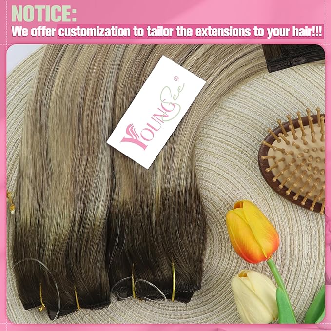 YoungSee 130G Invisible Wire Hair Extensions Light Brown Wire Hair Extensions Real Human Hair Ombre Walnut Brown to Light Brown Blonde Human Hair Fish Line Long Straight Hair 22inch