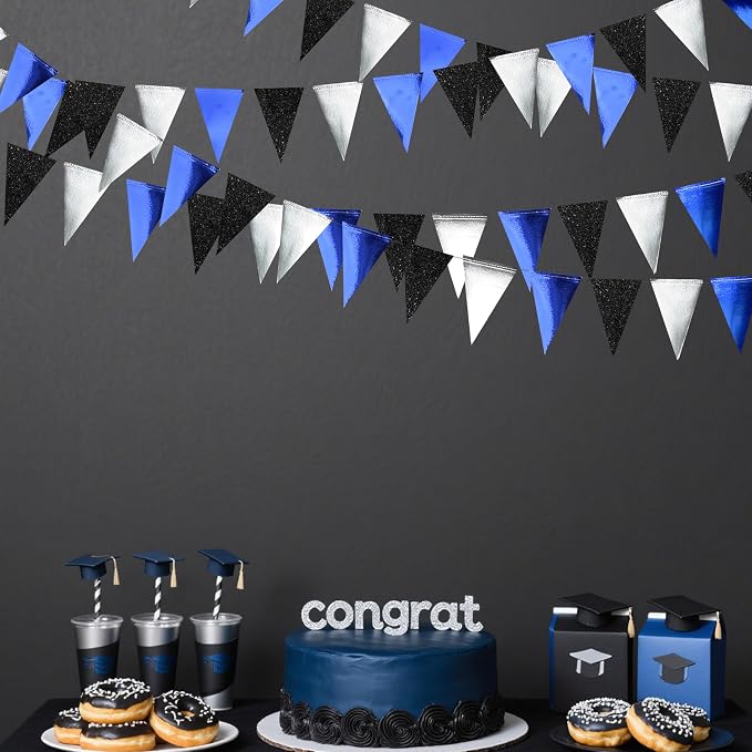 30Ft Navy Blue Black and Silver Party Decorations Royal Blue Triangle Flag - Image 4