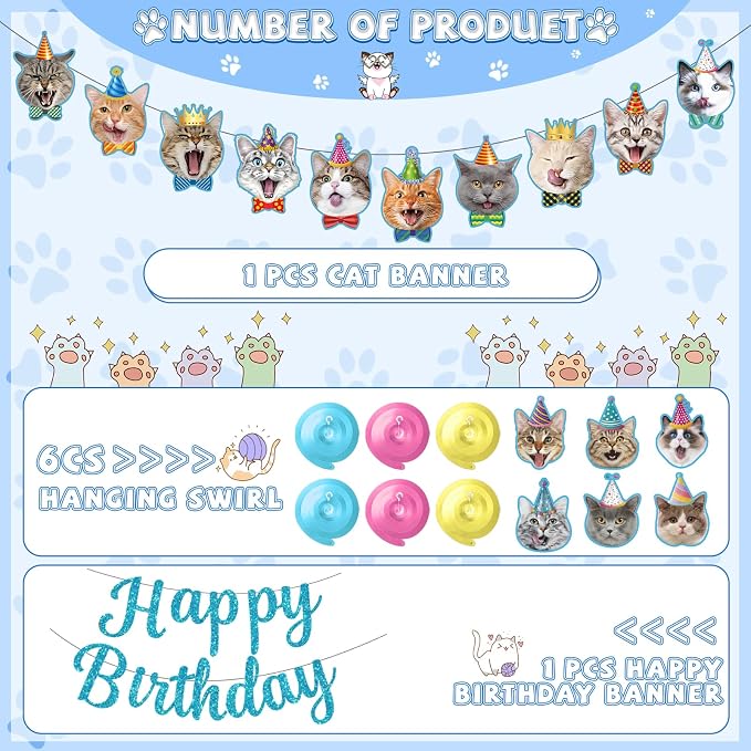Cat Birthday Decorations, Cute Cat Birthday Banner - Image 2