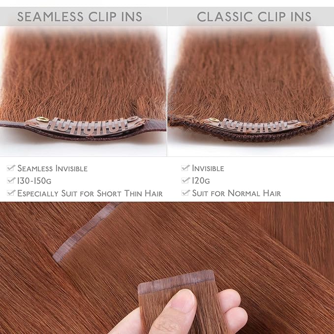 WENNALIFE Seamless Clip In Human Hair Extensions, 20 Inch 150g 7pcs Dark Auburn Copper Real Hair Extensions Clip in Human Hair Invisible PU Skin Weft Natural Remy Hair