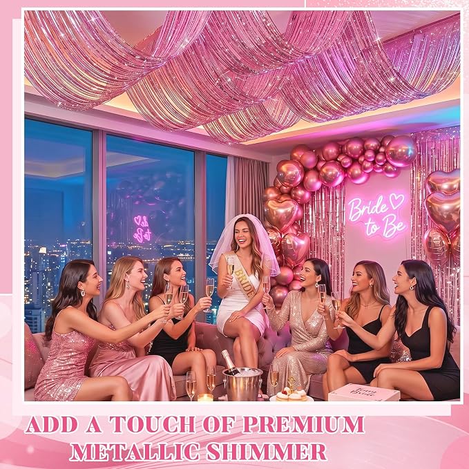 4 Pcs Iridescent Pink 15ft Metallic Foil Ceiling Fringe Curtains, Party Decor - Image 6