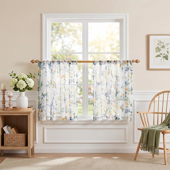 MYSKY HOME Yellow and Blue Floral Sheer Curtains 36 Inch Length - Image 8