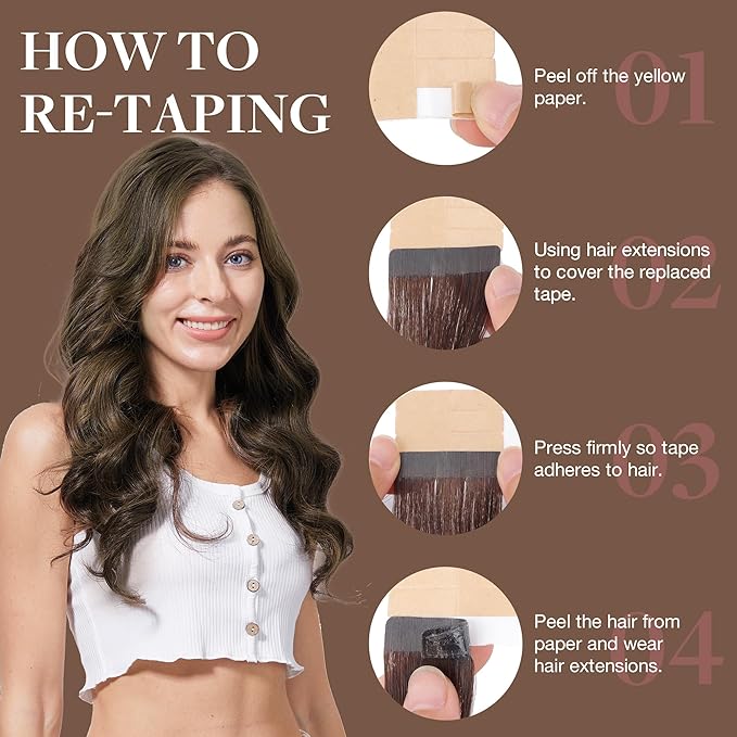 GOO GOO Tape in Hair Extensions Human Hair, 2/6 Dark Brown Highlighted Chestnut Brown, 16inch 50g 20pcs, Skin Weft Seamless Invisible, Silky Straight with Thick Ends, Remy Human Hair