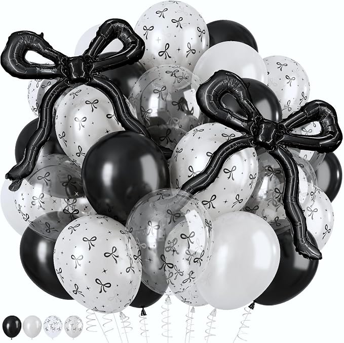 Black Bow Balloons, 12Inch Pearl Black and White Bow Print Balloon by Froova
