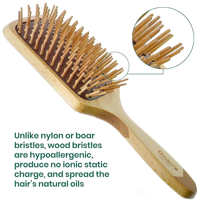Giorgio Eco Friendly Wooden Bristle Hairbrush - Large Detangling Brush and Hair Growth Brush for Thick or Long Hair - Paddle Hair Brush Made with Anti Static Beechwood, Silicone Massage Cushion