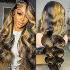 Ombre Highlight Lace Front Wig Human Hair Pre Plucked 200 Density HD Transparent 13x6 Body Wave Lace Frontal Human Hair Wigs for Women 28inch