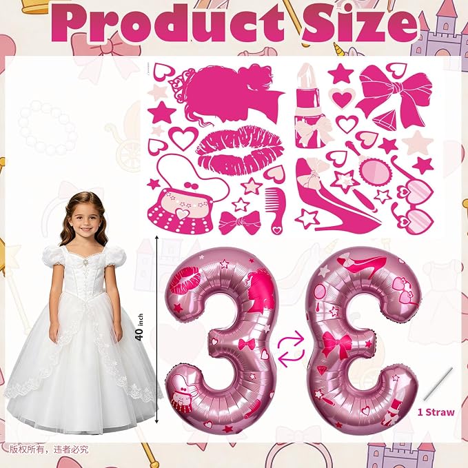Pink Number 3 Balloon 40 Inch, DIY Fashion Girl Stickers Custom Balloon | Hot - Image 2