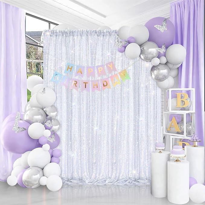 Laser Silver Sequin Backdrop Curtains Party Glitter Drapes 2 Pcs 2FTx8FT | - Image 2