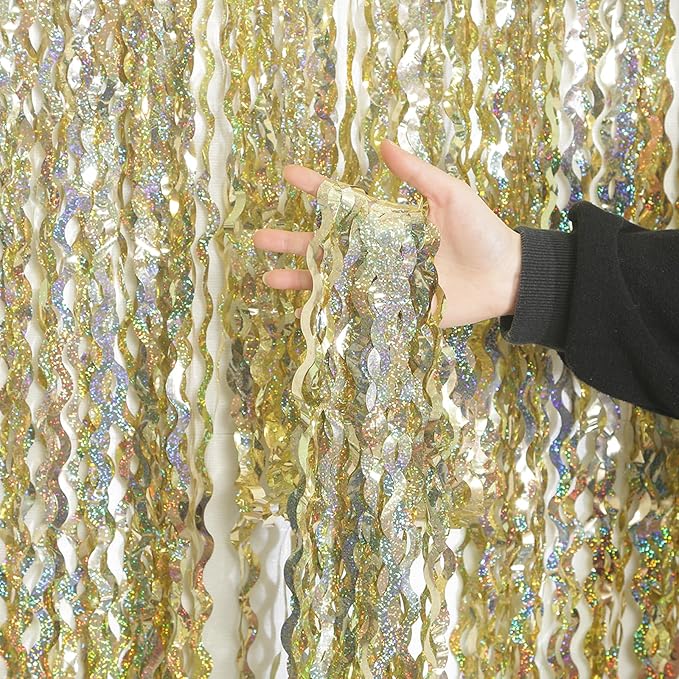 4 Pack Wavy Sparkle Champagne Gold Metallic Tinsel Foil Fringe Curtains Photo by KEEUH