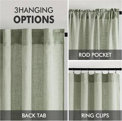 MIULEE Sage Linen Curtains 52x63 Inch Long 2 Panels of Green Window Drapes | - Image 3