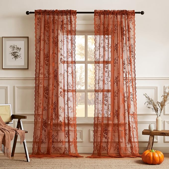 Terracotta Lace Curtains 80 Inches Long Country Rustic Floral Sheer Curtains - Image 2
