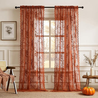 Terracotta Lace Curtains 80 Inches Long Country Rustic Floral Sheer Curtains - Image 2