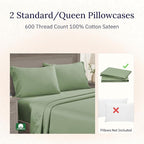 California Design Den Premium Standard Pillow Cases Set of 2-600 Thread Count Sateen, Natural 100% Cotton Pillowcases Queen/Standard, Crisp, Durable Bedding - Laurel Green