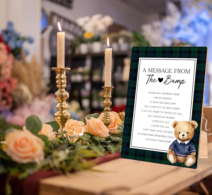 Vintage Bear A Message From the Bump Baby Shower Signs, Tartan Plaid Wooden - Image 3