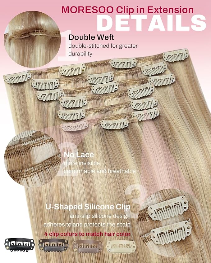 Moresoo Clip in Hair Extensions Remy Double Weft Human Hair Clip in Extensions Straight Hair Extensions for Women Dark Ash Blonde Highlight with Golden Blonde 7pcs 120g 24inch