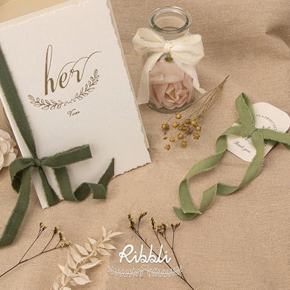 Ribbli 3 Rolls Green Ribbon 5/8 Inch x 18Yards Ivory Sage Moss Handmade Cotton - Image 2