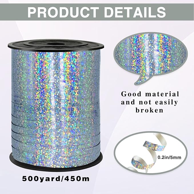 500 Yards Sliver Laser Curling Ribbon, 1/5" Holographic Curly Ribbons, Curling - Image 2