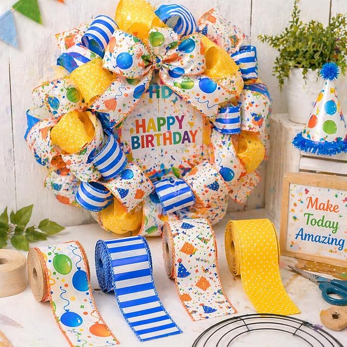 Birthday Wired Ribbon Set, 4 Rolls Decorative Party Ribbon - Image 7