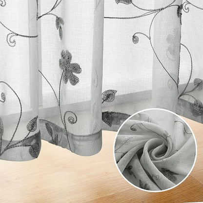 HOMEIDEAS Grey Sheer Curtains 84 Inches Long 2 Panels Embroidered Floral - Image 5