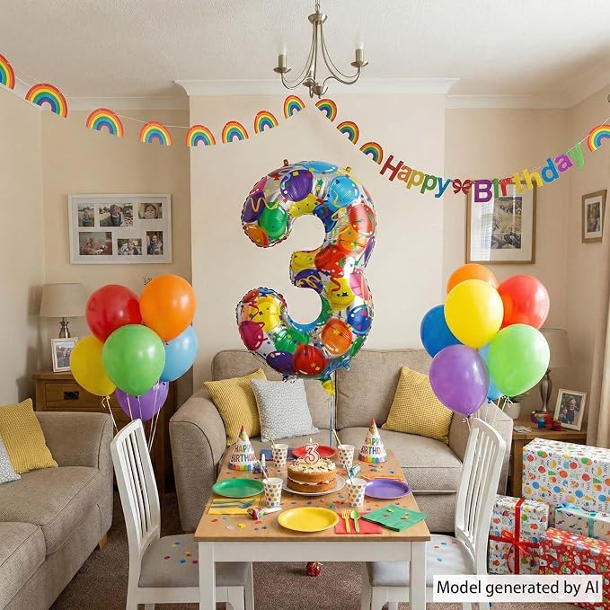 Rainbow Number 3 Balloon, 40 Inch Large Multi-color Mylar Foil Ballons - Image 7