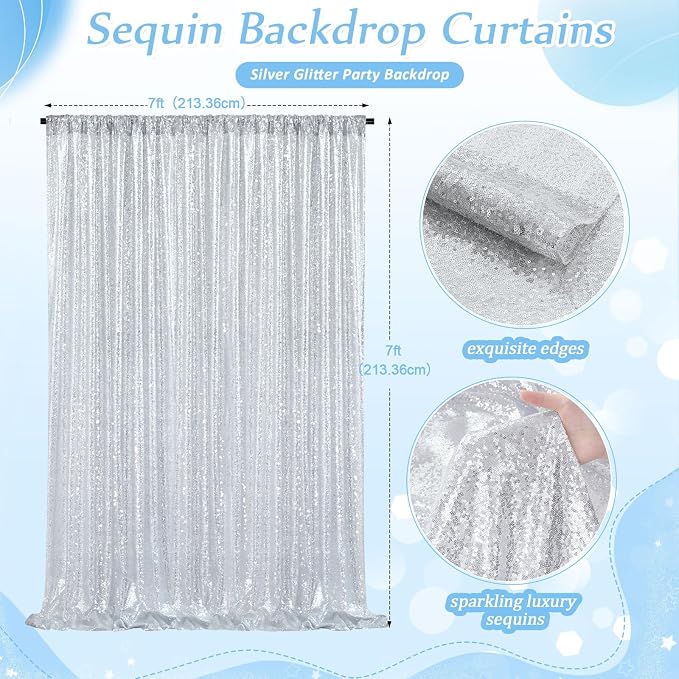 Silver Sequin Backdrop 7ft x 7ft Glitter Photo Booth Backdrop Curtains | - Image 2