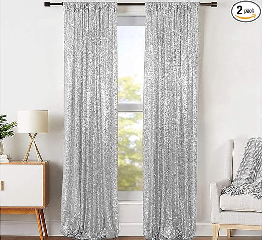 JYFLZQ Silver Sequin Backdrop Curtains 2ft x 8ft 2 Panel Glitter Photo Booth by JYFLZQ